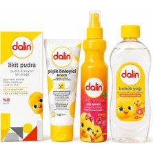 Dalin Bebek Bakım Seti - Likit Pudra + Pişik Önleyici Krem + Kolay Tarama Spreyi + Nemlendirici Bebek Yağı 4'lü Paket