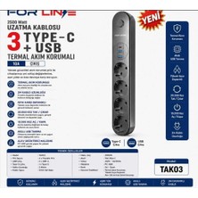 For Line Forline TAK03 4'lü 2mt 1type-C+2usb Çıkışlı Akım Korumalı Grup Priz