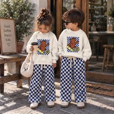 Cg Kids Cool Tricks Kaykaycı Ayı Baskılı Sweatshirt Mavi Beyaz Damalı Kareli Eşofman Alt Üst Takım