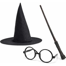 Skygo Harry Potter Tarzı Çocuk Seti - Siyah Keçe Şapka, Asa, Gözlük