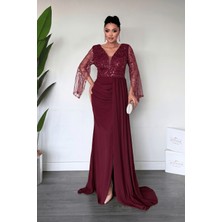 Giyimmasalı Üstü Boncuklu Kumaş Alt Şifon Şal Detaylı Abiye Elbise - BORDO-GYM-41143