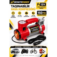 SCHUTZENGER 12V Araç Çakmak Girişli Taşınabilir Hava Kompresörü 150 Psı – Göstergeli ve Işıklı Lastik Şişirme Pompası Kırmızı