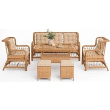 Alle Garden Elegance Rattan Bahçe Mobilyası Kapuçino 7 Kişilik 3+1+1+2 Puf – Açık Örgü Rattan Balkon Bahçe Teras Takımı, Masalı Oturma Grubu, Galvaniz İskelet