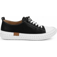 Lucid Kadın Hakiki Deri Siyah Sneaker El Dikişli Günlük Spor Ayakkabı Bağcıklı Rahat Taban