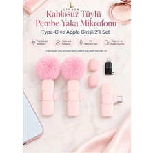 Kablosuz Tüylü Pembe Yaka Mikrofonu Type-C ve Ios Girişli 2’li Set Bluetooth 5.0