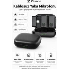 Siyah Kablosuz Yaka Mikrofonu Type-C Girişli Şarj Kutulu 2 Verici 1 Alıcı 48KHZ 24BIT Gürültü Engellemeli.