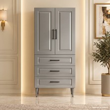 Yurkan Menton Çok Amaçlı Dolap 60 cm 2 Kapak 3 Çekmece Parlak Metalik Gri - Çok Amaçlı Raflı Dolap