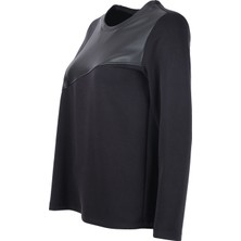 Tolga Saraçoglu Tolga Saraçoğlu Kadın Yuvarlak Yaka Peplum Kesim Deri Görünümlü Panel Detaylı Sweatshirt 25KTS11088