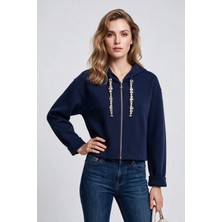 Bsb Kadın Kapüşonlu Fermuarlı Kısa Sweatshirt Hırka Kristal Taş İşlemeli İpli