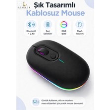 Siyah Şarjlı Kablosuz Mouse Bluetooth 5.2 + 2.4g Çift Modlu Sessiz Tuşlu Rgb Işıklı 800 1200 1600 Dpı Type-C Şarjlı Ergonomik Mouse