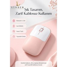 Şarjlı Kablosuz Pembe Mouse Bluetooth + 2.4g Çift Modlu Type-C Şarjlı Sessiz Tuşlu Ergonomik Optik 1200/1600 Dpı Taşınabilir Mouse