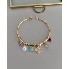 Laris Accessories Gold Yonca Mavi Taş Charmlı Ithal Seri Bileklik