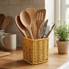 Store Kare Hasır Dokulu Plastik Rattan Kaşıklık & Çatallık – Askılı Kendiliğinden Tutmalı Çok Amaçlı Mutfak Organizeri