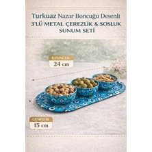 Store Turkuaz Nazar Boncuğu Desenli 3’lü Metal Çerezlik ve Sosluk Sunum Seti, Dayanıklı Baskılı Servis Tepsili Kahvaltılık, Atıştırmalık ve Lokumluk Kase Takımı, Modern Dekoratif Sofra Sunum Ürünü