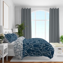Store Desenli Pamuk Saten Nevresim Setleri, Lacivert, Queen Size