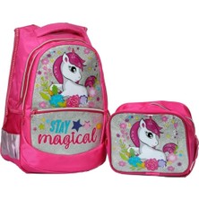 Zemira Ilkokul Okul Sırt Çantası Kız Beslenme Çantalı Ortopedik 2li Set At Model Unicorn Fuşya