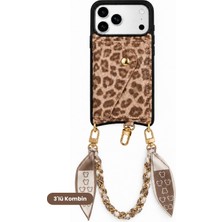 COGURE Hera iPhone 18 Pro Max / 17 Pro Max Uyumlu Leopar Mini Cüzdan, Fular Zincir Askı, Kılıf 3'lü Set