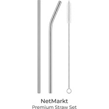 Store Paslanmaz Çelik Pipet Seti - 2 Adet Tekrar Kullanılabilir Metal Pipet (1 Düz, 1 Eğri) ve 1 Adet Temizleme Fırçası, Çevre Dostu, Bulaşık Makinesinde Yıkanabilir Ekolojik Pipet Seti