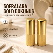 Store 2’li Gold Tuzluk ve Baharatlık Seti, Şık Çizgili Mika Gövde, Masa ve Mutfak Kullanımına Uygun Dekoratif Tuz Biber Kabı