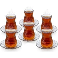Store 12 Parça Çay Seti - 6 Adet Fitil Desenli Cam Çay Bardağı ve 6 Adet Cam Çay Tabağı - Isıya Dayanıklı Çay Takımı