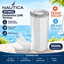 Nautica NTM02 Paslanmaz Çelik Termos 12 Saat Sıcak 24 Saat Soğuk Pipetli Askılı Sızdırmaz 950ml Beyaz