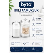 Kristal Ikili Pamukluk ve Kulak Çubuğu Organizeri Kapaklı Şeffaf Banyo Düzenleyici