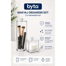 Şeffaf Akrilik Makyaj Organizer Seti 2'li – Kapaklı Pamukluk ve Fırçalık Kozmetik Düzenleyici