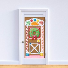 Store Baskılı Plastik Zencefilli Ev Kapı Kapağı Kapalı/dış Mekan Noel Partisi Süslemeleri, 76 x 132 Cm, Çok Renkli