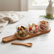 Store 4 Parça Akasya Ahşap Sunumluk Seti - 40 cm Doğal Akasya Tablalı ve 3'lü Cam Kaseli Kahvaltılık, Sosluk ve Çerezlik Sunum Seti