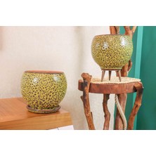 Store Bitki Tasarımı Ev Dekorasyon Hardal Sarısı Şekilli Artistik Çift Sırlı Iç ve Dış Mekan Kullanımlı Tabaklı ve Ayaklı Toprak Terrakota Saksı Saksılık Çiçeklik Ikili Set