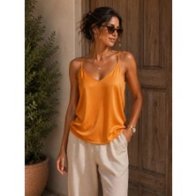 Mila Butik Turuncu Askılı Saten Bluz, L