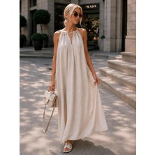 Mila Butik Kırık Beyaz Halter Yaka Zara Elbise, Std / Beyaz