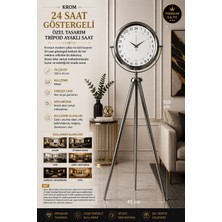 Krom 24 Saat Göstergeli 150 x 45 cm Metal Özel Tasarım Tripod Ayaklı Saat