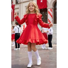 Parla Kids Kız Çocuk Catherine Kırmızı Fiyonklu Fırfırlı Uzun Kollu Keten Elbise 23 Nisan 29 Ekim Gösteri Kıyafeti