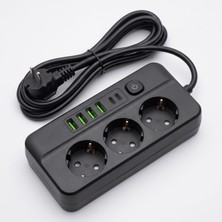 Leeways Akım Korumalı Grup Priz 4 Usb'li ve 2 Type-C Li 3'lü 2 M Uzatma Kablosu Siyah