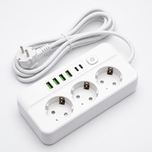 Leeways Akım Korumalı Grup Priz 4 Usb'li ve 2 Type-C Li 3'lü 2 M Uzatma Kablosu Beyaz