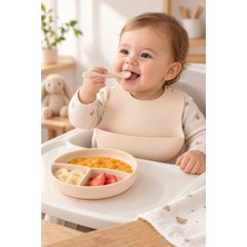 Yenilig 2 Adet Silikon Bebek Beslenme Seti – Krem Rengi 3'lü Vakumlu Tabak, Diş Kaşıyıcılı Kaşık, Ayarlanabilir Mama Önlüğü, Baby Feeding Set