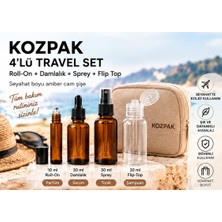 Kozpak 4'lü Travel Set 10 ml Roll-On 30 ml Damlalık Sprey Amber Cam Şişe ve 30 ml Pet Flip Top Şişe