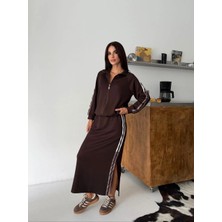 Meride Fashion Modal Kumaş Şeritli Ikili Takım - 2474 Kahverengi