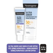 Neutrogena Ultra Sheer Age Shield Fluid SPF50 Yüz Güneş Koruyucu 50 ml + Nemlendirici Güneş Koruyucu Losyon SPF50 200 ml