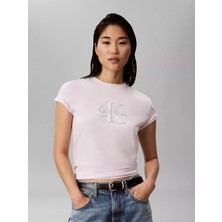 Calvin Klein Kadın Normal Kalıp Ck Logo Baskılı Yuvarlak Yakalı Kısa Kollu Pembe T-Shirt LV047H800G-3FS