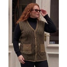 Onno Style Büyük Beden Çelik Örgü Klasik Leopar Desen Triko Kadın Yelek