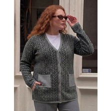 Onno Style Büyük Beden Çelik Örgü Klasik Leopar Desen Triko Kadın Ceket