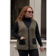 Onno Style Büyük Beden Çelik Örgü Klasik Leopar Desen Triko Kadın Yelek