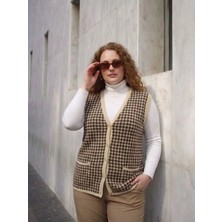 Onno Style Büyük Beden Kazayağı Desen Renkli Çelik Örgü Triko Kadın Yelek