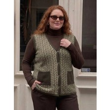 Onno Style Büyük Beden Çelik Örgü Klasik Leopar Desen Triko Kadın Yelek