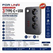 For Line Forline TAK02 3'lü 2mt 1type-C+2usb Çıkışlı Akım Korumalı Grup Priz