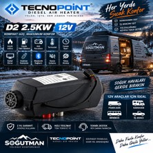 TecnoPoint D2 2.5kw 12V Sabit Tip Dizel Isıtıcı – Bluetooth Kontrollü, Dijital Ekranlı, Uzaktan Kumandalı Karavan ve Panelvan Isıtıcısı