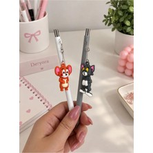 Maison Luré Kalem Kutusu Sevimli Tom ve Jerry Temalı 2'li Kalem Seti, Zincir Aksesuarlı, Beyaz Gri