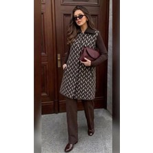 Onno Style Desenli Çelik Örgü Uzun Triko Kadın Yelek Kaban